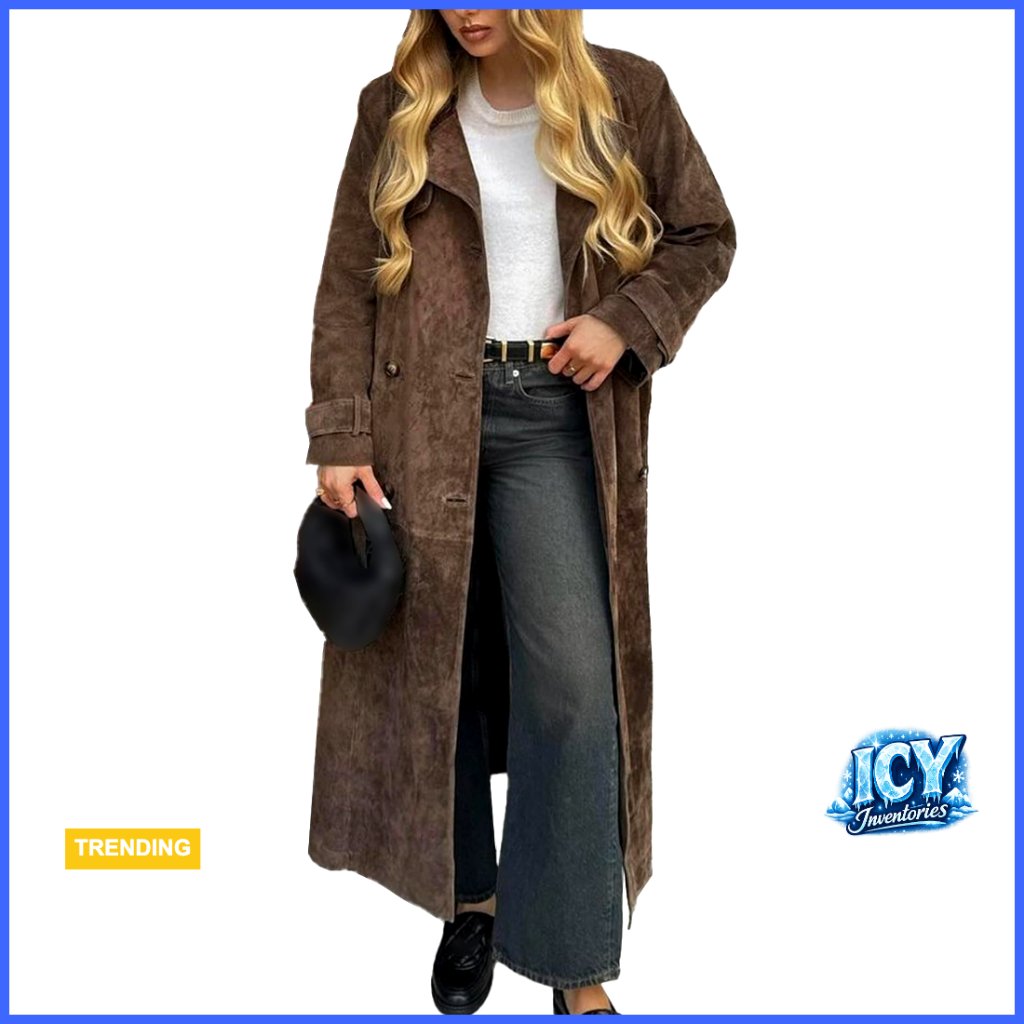 Women's Faux Suede Trench Coat Double Breasted Belted Knee Length Overcoat